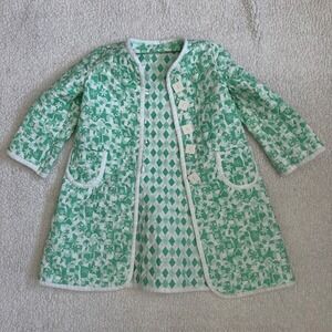 Vintage Handmade Quilted House Coat Green White Floral Geometric Robe Jacket Kid